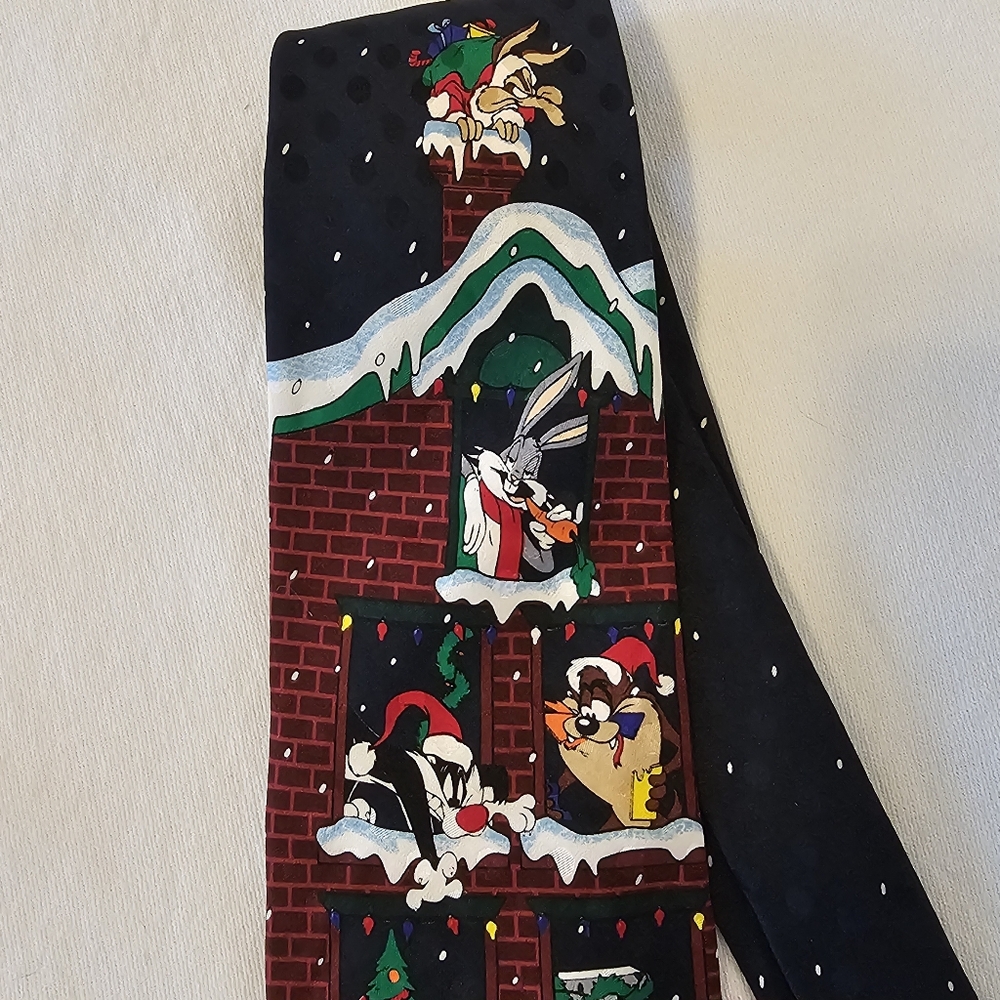 1996 Looney Tunes Mania Characters Christmas Tie Silk Bugs Taz Road Runner Daffy